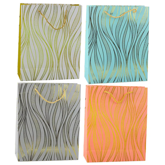 Popierinis dovanų maišelis, banguotos linijos, auksinės spalvos, 32 x 26 x 12 cm