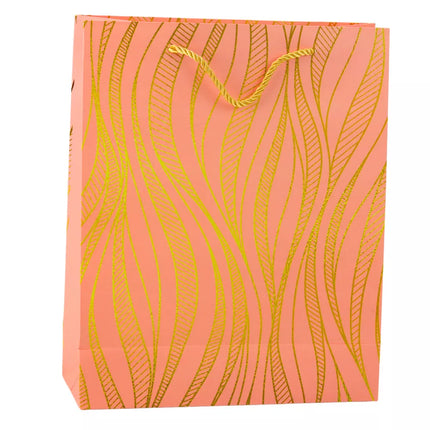 Popierinis dovanų maišelis, banguotos linijos, auksinės spalvos, 32 x 26 x 12 cm