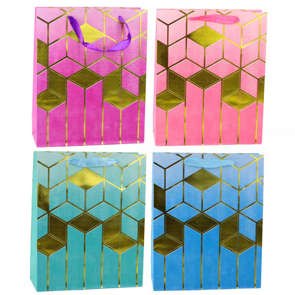 Popierinis dovanų maišelis, geometriniai raštai, aukso spalvos, 32 x 26 x 12 cm