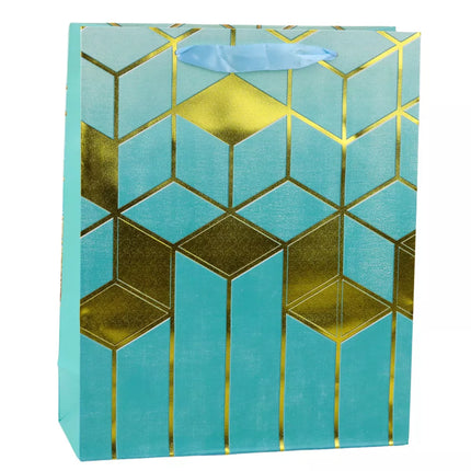 Popierinis dovanų maišelis, geometriniai raštai, aukso spalvos, 32 x 26 x 12 cm