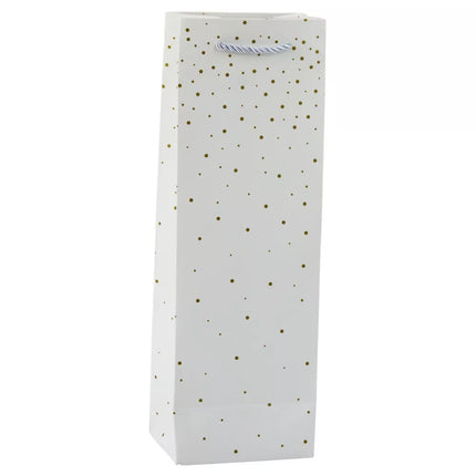 Popierinis dovanų maišelis vyno buteliui aukso spalvos taškeliais, 35 x 12 x 9 cm