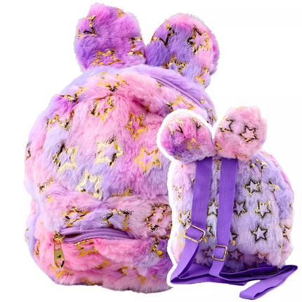 Pliušinis kuprinė su ausimis, aukso spalvos žvaigždėmis, vaikams, violetinė rožinė