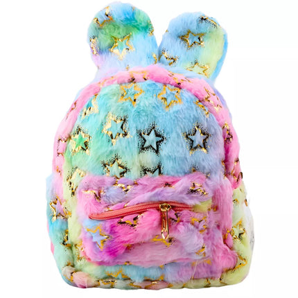 Pliušinė kuprinė su ausimis, aukso spalvos žvaigždutėmis, vaikiška, spalvinga, 24 cm