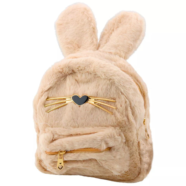 Vaikiška kuprinytė, minkštas pliušas, triušio ausys, nosis, ūsųseliai, smėlio spalvos, 3L, 22cm