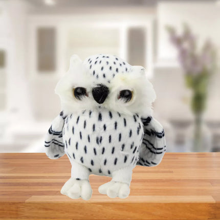 Pliušinis mažos pelėdos talismanas, mielas žaislas, baltas, juodi taškeliai, 15 cm