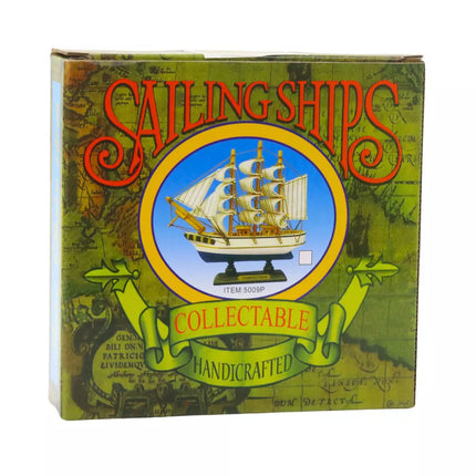 Dekoratyvinis burlaivio modelis kolekcionavimui, baltas ir mėlynas, 16x15 cm