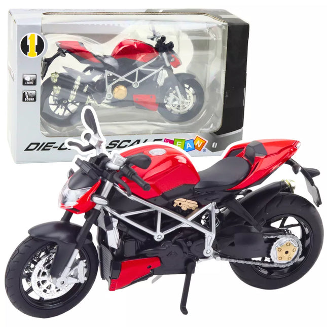 Sportinis motociklas, metalinis, su šviesomis ir garsais, sidabro ir raudonos spalvų elementai, 1:12