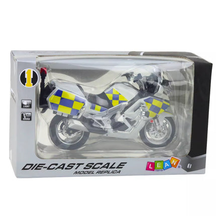 Policijos motociklas metalinis šviesos garsai baltas 1:12