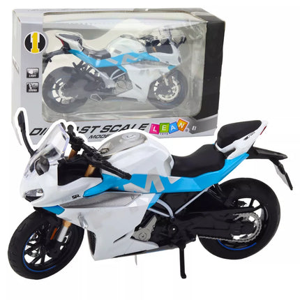 Sportinis motociklas metalinis šviesos garsai baltas mėlynas 1:12