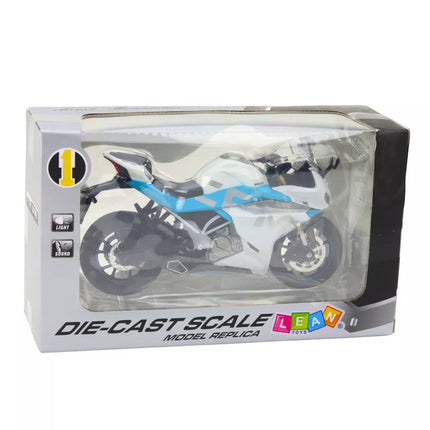Sportinis motociklas metalinis šviesos garsai baltas mėlynas 1:12