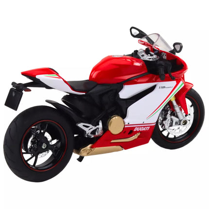 Sportinis motociklas metalinis raudonas baltas šviesos garsai 1:12