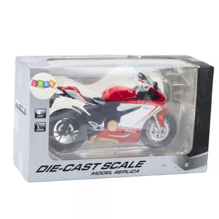 Sportinis motociklas metalinis raudonas baltas šviesos garsai 1:12