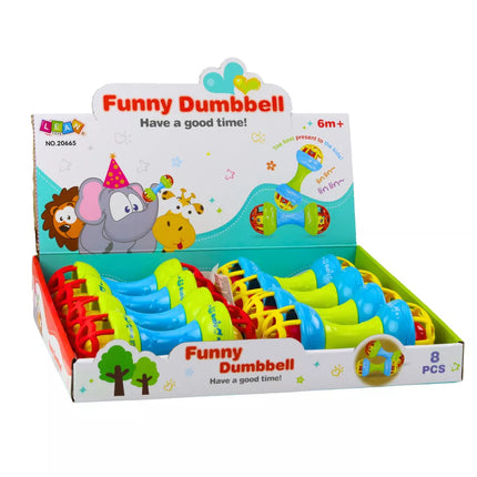 Barškutis-kramtukas kūdikiams, hantelio formos, spalvingas