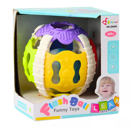 Sensorinis kamuoliukas kūdikiams – guminis, su švieselėmis ir garsais, spalvingas
