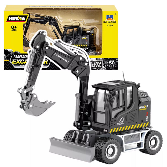 Metalinio ratinio ekskavatoriaus su buldozeriu Huina juodas 1:50