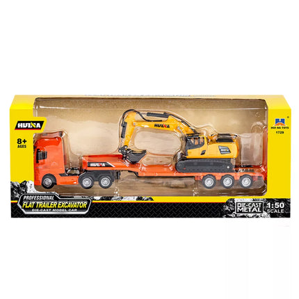 Sunkvežimis su priekaba, tralas, metalinis ekskavatorius Huina, oranžinis, 1:50