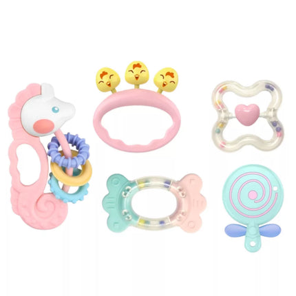 Sensorinių barškučių ir kramtukų rinkinys kūdikiams, rožinis, 5 vnt.