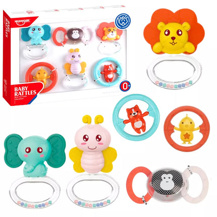 6 barškučių-kramtukų rinkinys kūdikiams su gyvūnėlių motyvais