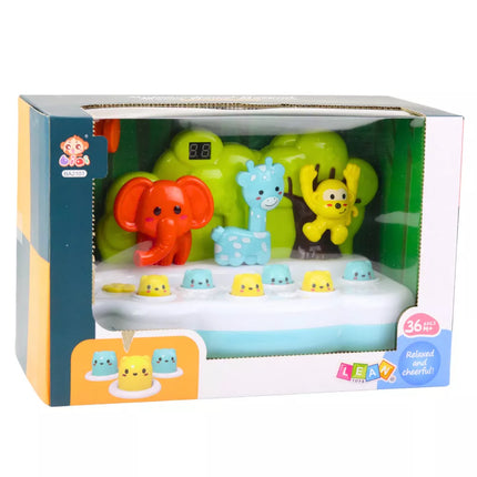 "Whack-A-Mole" gyvūnų įgūdžių žaidimas su skaitikliu, plaktuku ir spalvomis