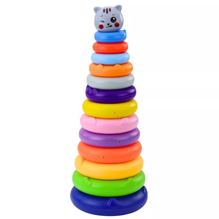 Piramidės formos bokštas kačiukui, pilkas, spalvingas, 13 ratų, 41 x 15,5 x 15,5 cm