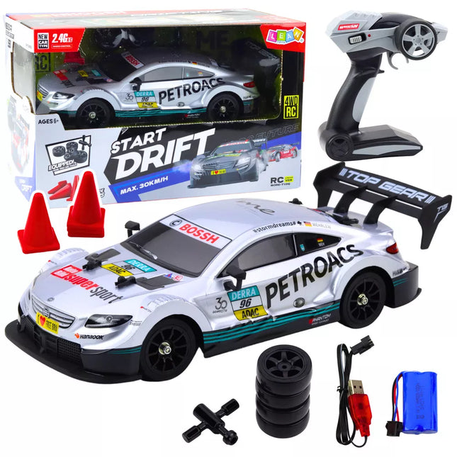 Driftinis RC automobilis sidabrinis 30km/h 1:16