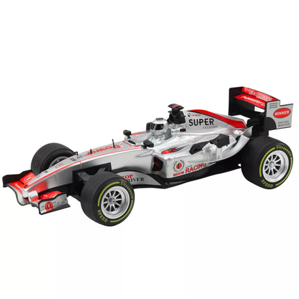 Nuotoliniu būdu valdomas RC lenktyninis automobilis su vairu, šviesomis ir garsais, 1:12, sidabrinis