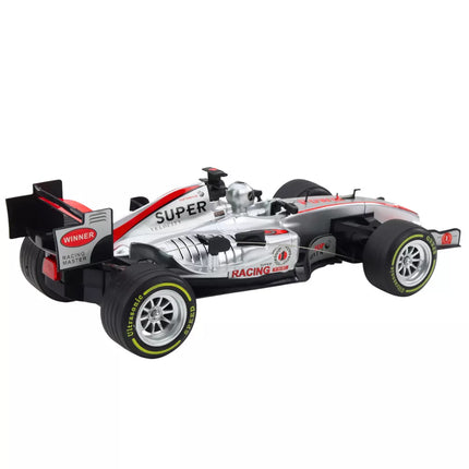 Nuotoliniu būdu valdomas RC lenktyninis automobilis su vairu, šviesomis ir garsais, 1:12, sidabrinis