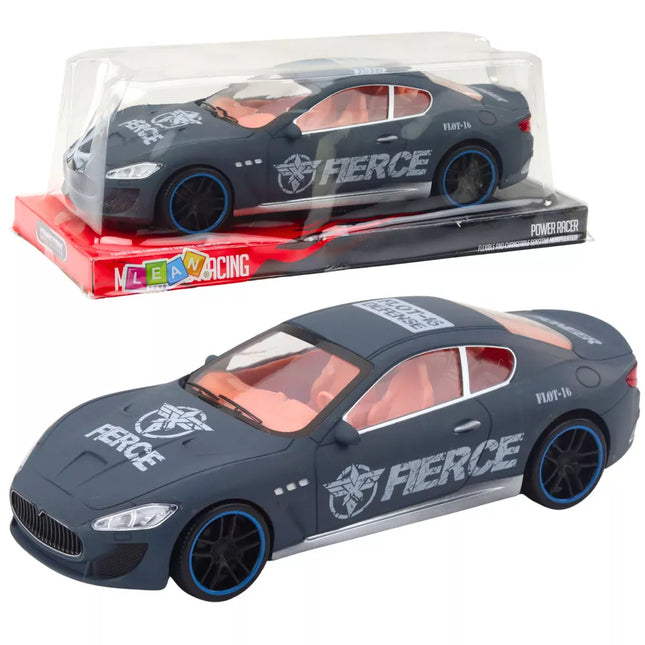 Sportinis automobilis su galiniais varomaisiais ratais ir matiniu pilku kėbulu