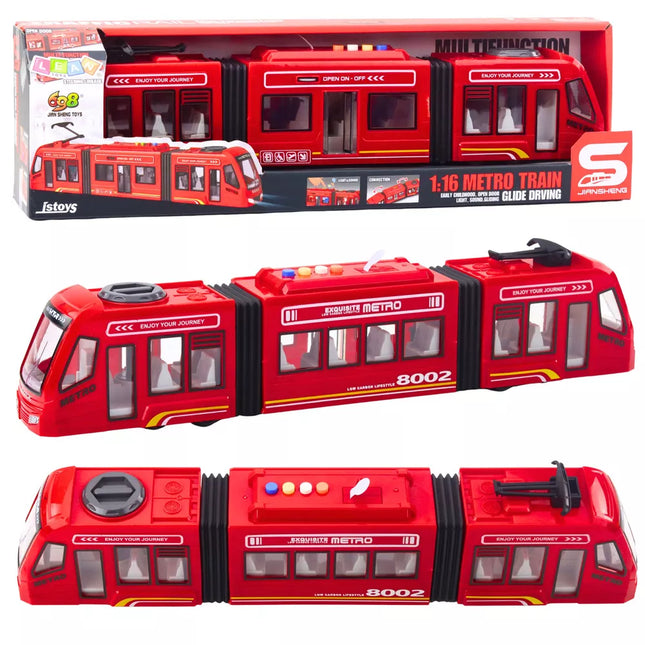 Miesto tramvajus, atidaromos durys, šviesos, garsai, raudonas, 1:16