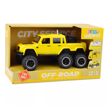 Visureigis trinties varomas automobilis su šviesomis ir garsais geltonas 6x6 1:16