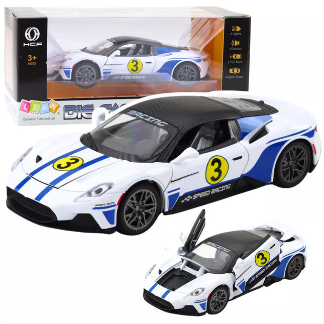 Metalinis sportinis automobilis, baltas, su šviesomis ir garsais, 1:22