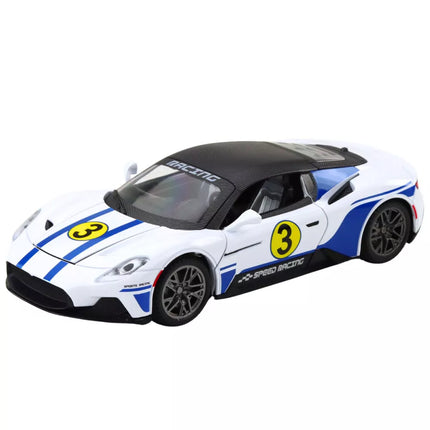 Metalinis sportinis automobilis, baltas, su šviesomis ir garsais, 1:22