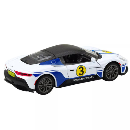 Metalinis sportinis automobilis, baltas, su šviesomis ir garsais, 1:22