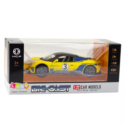 Metalinė geltona sportinio automobilio 1:22 modelis su šviesomis ir garsais