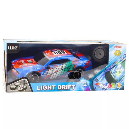 RC sportinis automobilis su apšviestu dreifo kėbulu, mėlynas