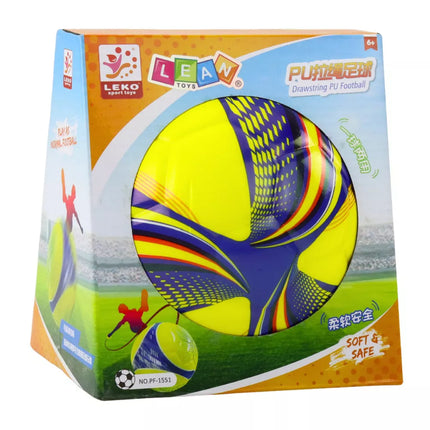 Geltonas putplasčio kamuoliukas ant virvutės su rankenėle, 14cm