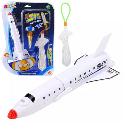 Kosminis laivas su parašiutu ir timpa, šviečiantis arkadinis sportinis žaidimas