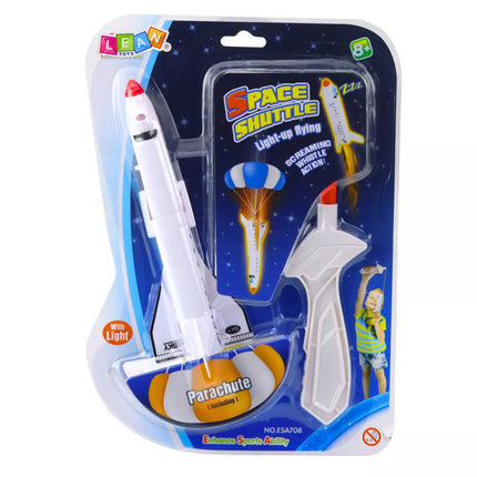 Kosminis laivas su parašiutu ir timpa, šviečiantis arkadinis sportinis žaidimas