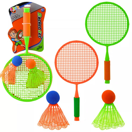 Badminton'o rakečių rinkinys: 2 raketės, 2 dideli volai ir vienas kamuolys