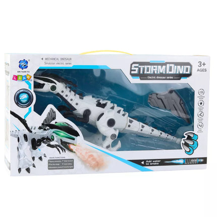 Baterijomis maitinamas robotas dinozauras su judančiais sparnais, šviesomis, garsu, baltas