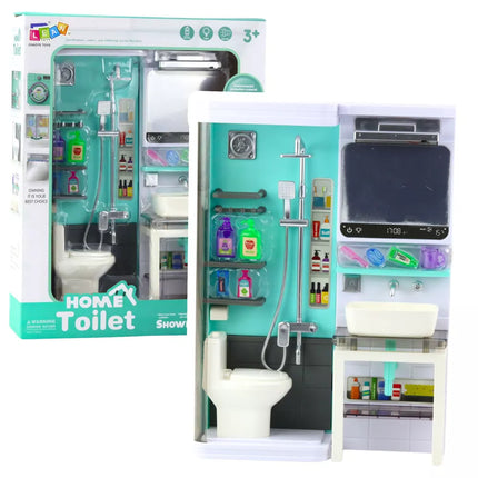 Žaislinis vonios kambarys, dušas, kriauklė, tualetas, šviesos, garsai, aksesuarai