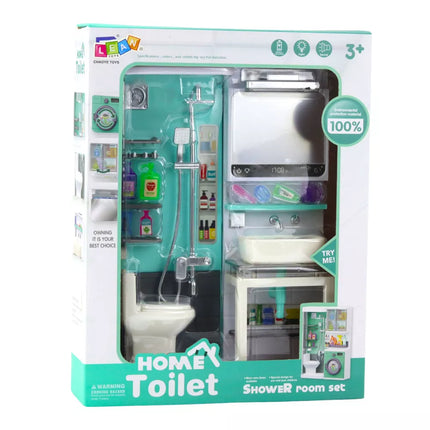 Žaislinis vonios kambarys, dušas, kriauklė, tualetas, šviesos, garsai, aksesuarai