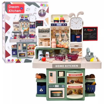 Vaiku virtuvėlė su vandens garais, šviesomis, garsais ir 33 priedais.