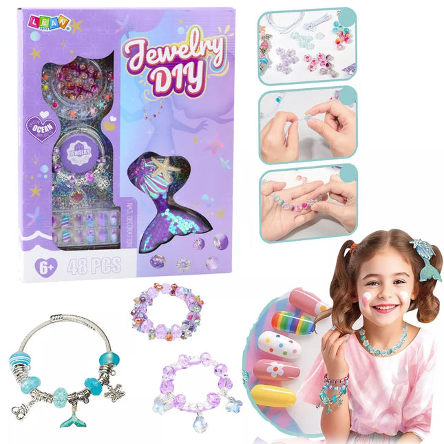 Grožio rinkinys, papuošalai, apyrankė, karoliukai, plaukų segtukas, undinėlės uodega, 48 vnt.