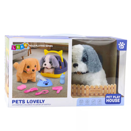 Interaktyvus pliušinis šunelis su pavadėliu, vežimėlis, pilkas ir baltas