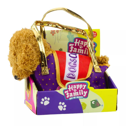 Abrauskinė šuo velcro krepšyje, minkštas pliušinis žaislas, šviesiai rudas