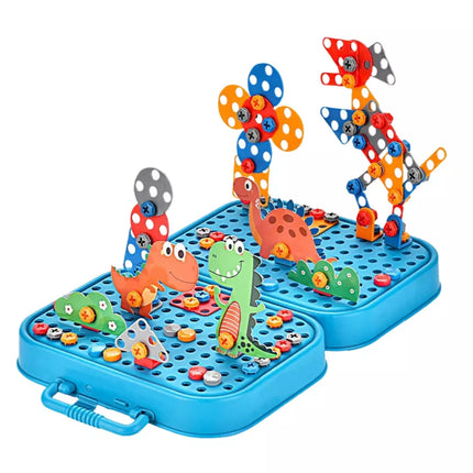 Pasidaryk pats atsuktuvo rinkinys "Lagaminėlis su dinozaurais": dėlionė, kaladėlės, atsuktuvas, 228 vnt.