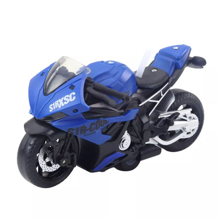 Lenktyninis sportinis motociklas su šviesomis ir garsų miksu