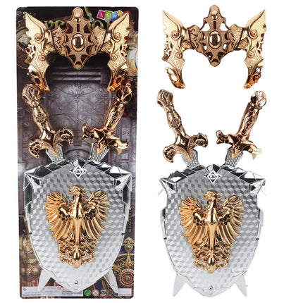 Riterio rinkinys: skydas, du kardai, kaukė, sidabrinis, auksinis, erelis