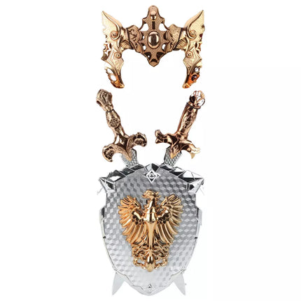 Riterio rinkinys: skydas, du kardai, kaukė, sidabrinis, auksinis, erelis